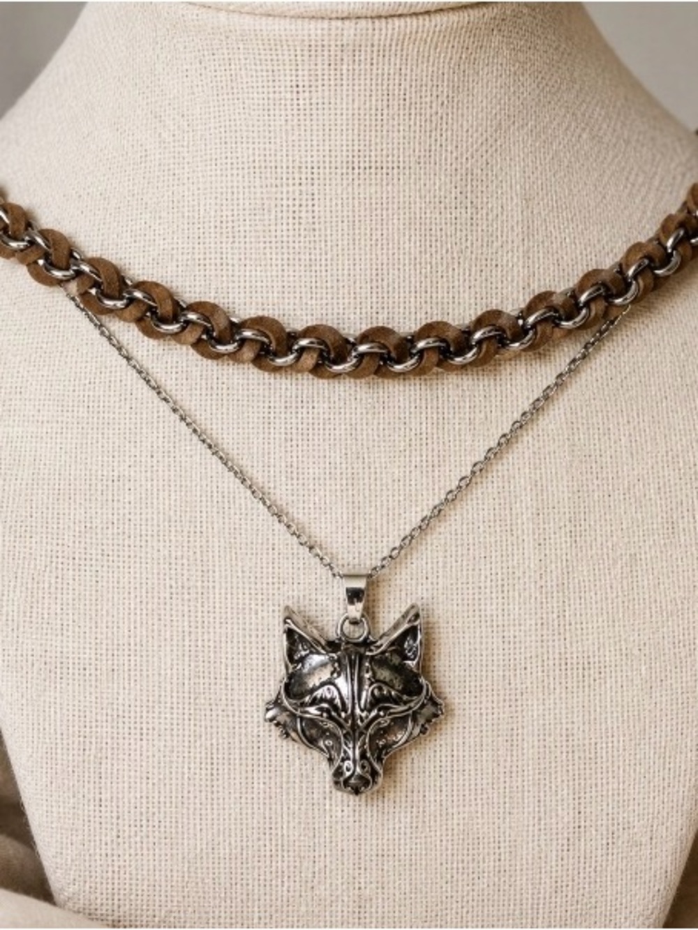 Stainless Steel Fox Pendant Necklace Duo with Faux Leather Threaded Chain